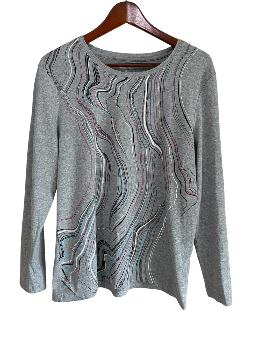 Northern Reflections Women's Gray Wave Print Long Sleeve Tee Top Size XXL
